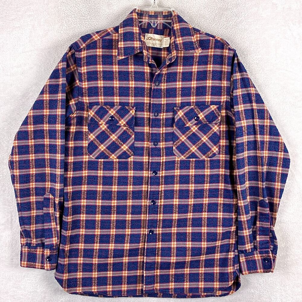 Vintage JcPenney Shirt Mens M Tall Blue Orange Plaid Flannel Preppy 80s USA